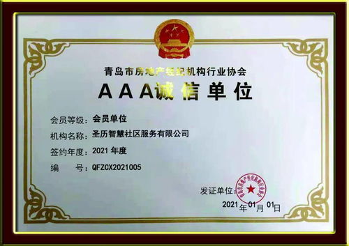 诚信典范，行业标杆——圣历社区荣获青岛市房地产经纪机构行业协会AAA诚信单位